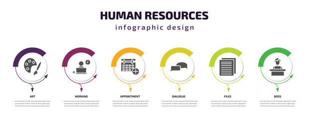 human resources infographic element with filled icons and 6 step or option. human resources icons such as art, working, appointment, dialogue, files, boss vector. can be used for banner, info graph,