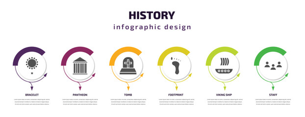 history infographic element with filled icons and 6 step or option. history icons such as bracelet, pantheon, tomb, footprint, viking ship, staff vector. can be used for banner, info graph, web.