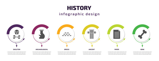 history infographic element with filled icons and 6 step or option. history icons such as skeleton, archaeological, bricks, ancient, paper, bone vector. can be used for banner, info graph, web.