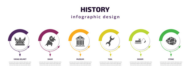 history infographic element with filled icons and 6 step or option. history icons such as viking helmet, diaur, museum, tool, digger, stone vector. can be used for banner, info graph, web.