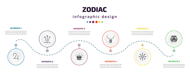 Fototapeta premium zodiac infographic element with filled icons and 6 step or option. zodiac icons such as jupiter, tartar, authority, silver, craftiness, leo vector. can be used for banner, info graph, web.