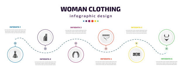 woman clothing infographic element with filled icons and 6 step or option. woman clothing icons such as vintage dress, pocket, shoulder length, clothing stitches, female wallet, string bikini