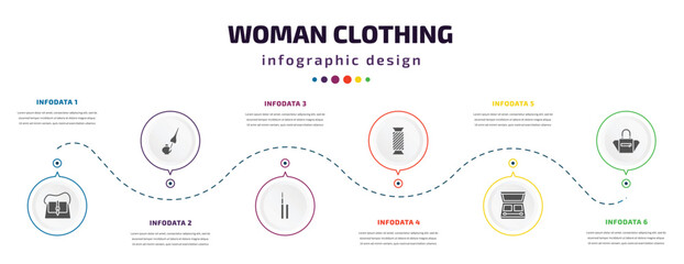 woman clothing infographic element with filled icons and 6 step or option. woman clothing icons such as female handbag, liquid eyeliner, eyeliner pencils, thread spool, eyes shades makeup, female
