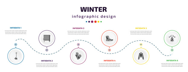 winter infographic element with filled icons and 6 step or option. winter icons such as winter shovel, heater, clothes, boots, turtleneck sweater, christmas day vector. can be used for banner, info