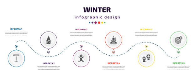 winter infographic element with filled icons and 6 step or option. winter icons such as electric heater, fir, gingerbread man, winter cabin, mittens, tire vector. can be used for banner, info graph,