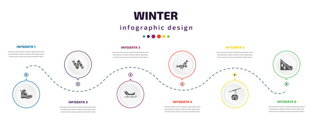 winter infographic element with filled icons and 6 step or option. winter icons such as snow boot, winter scarf, sledge, candy, cable car cabin, avalanche vector. can be used for banner, info graph,