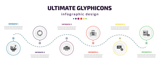 Fototapeta na wymiar ultimate glyphicons infographic element with filled icons and 6 step or option. ultimate glyphicons icons such as medicine mortar, refresh curve arrows, printer with paper, car wash, video comment,