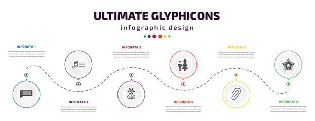 Fototapeta premium ultimate glyphicons infographic element with filled icons and 6 step or option. ultimate glyphicons icons such as writing message, music menu, flower with leaves, man and tree, attach rotated, star
