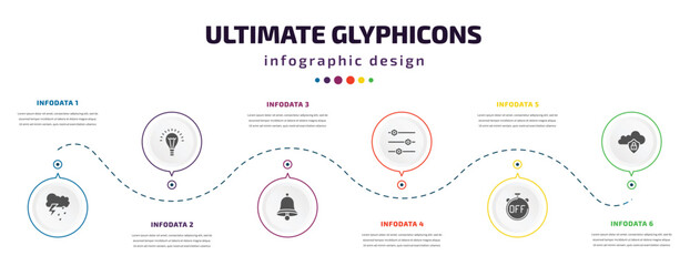 ultimate glyphicons infographic element with filled icons and 6 step or option. ultimate glyphicons icons such as rain cloud, light bulb on, alarm bell, tings bars, timer off, internet security