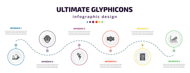 Fototapeta premium ultimate glyphicons infographic element with filled icons and 6 step or option. ultimate glyphicons icons such as cargo boat, smiling face, automatic flash, error message, exclamation file, upload
