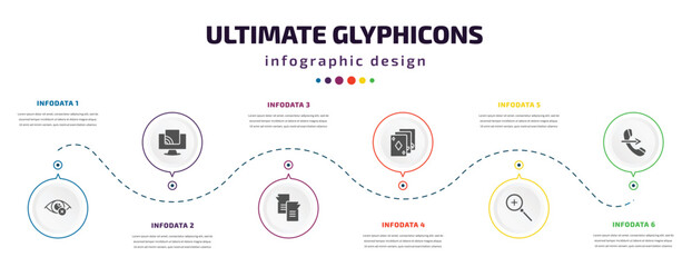 ultimate glyphicons infographic element with filled icons and 6 step or option. ultimate glyphicons icons such as private eye, tv wireless connection, message ballon, three cards, zoom button, phone