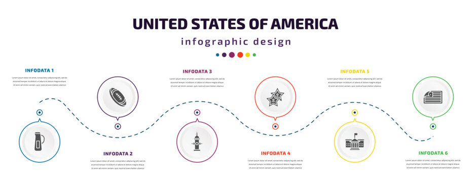 united states of america infographic element with filled icons and 6 step or option. united states of america icons such as baste, rugby, fire hydrant, walk of fame, white house, sticker vector. can