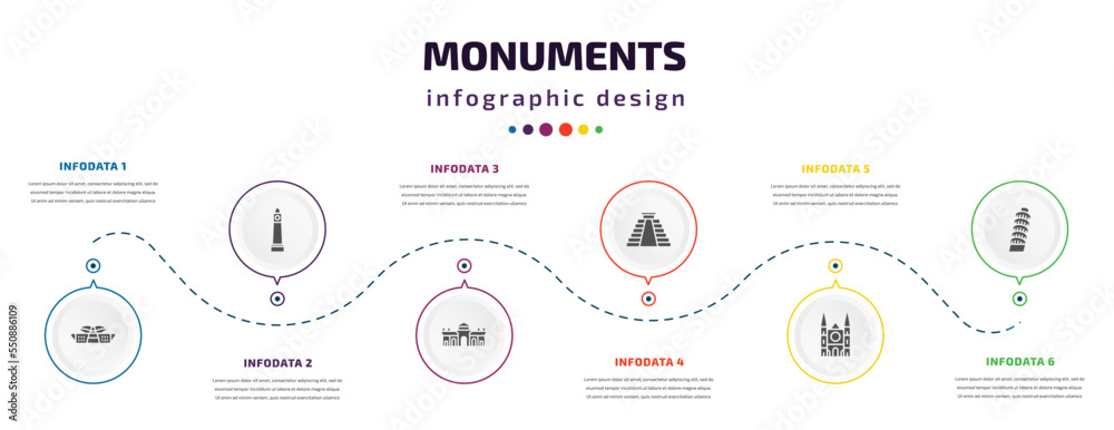 Poster monuments infographic element with filled icons and 6 step or option. monuments icons such as dpr/mp