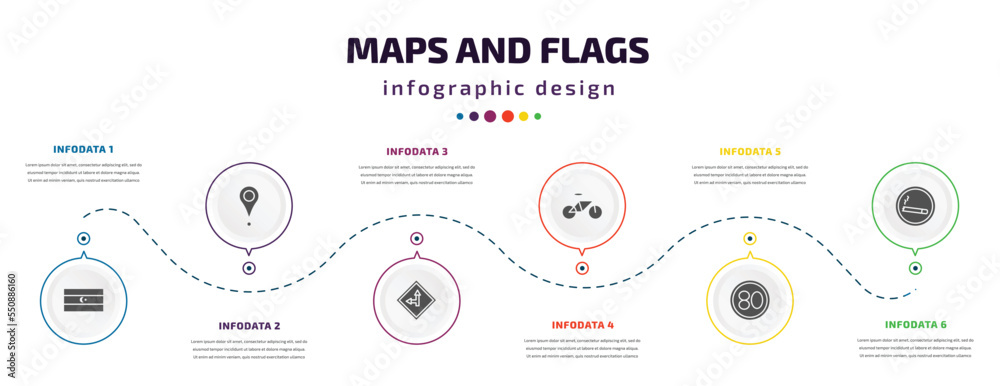 Poster maps and flags infographic element with filled icons and 6 step or option. maps and flags icons such