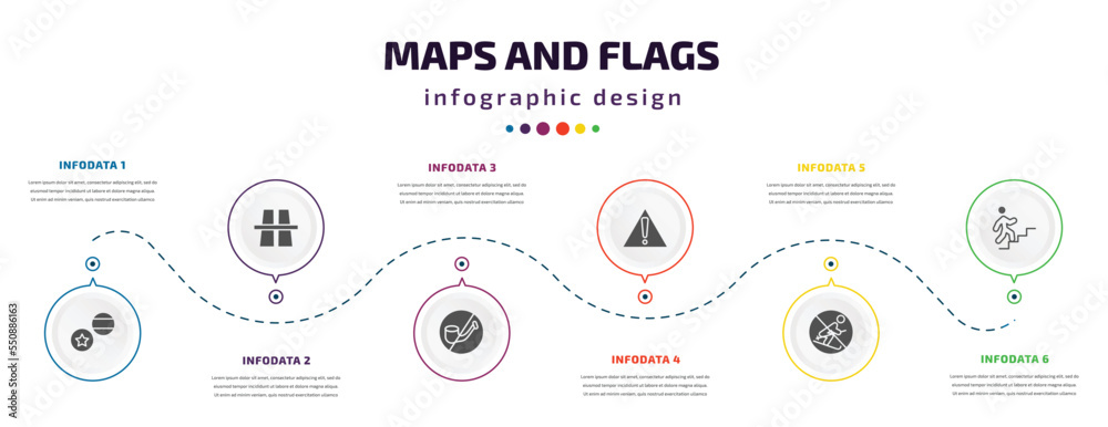 Poster maps and flags infographic element with filled icons and 6 step or option. maps and flags icons such