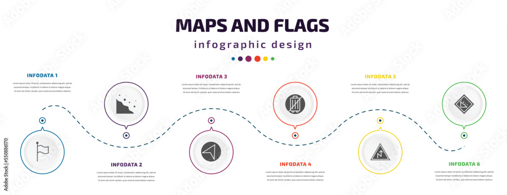 Poster maps and flags infographic element with filled icons and 6 step or option. maps and flags icons such