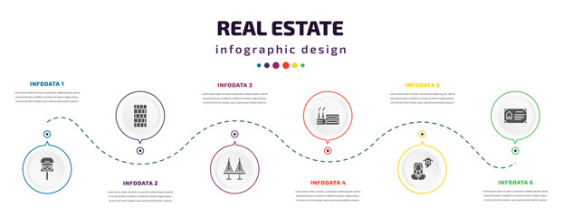 Fototapeta na wymiar real estate infographic element with filled icons and 6 step or option. real estate icons such as mailbox, wall, bridges, industrial park, or, certification vector. can be used for banner, info
