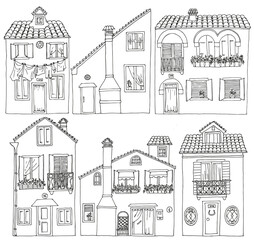 Venice Island Burano houses set of illustrations. Line art. Elements of set black line isolated on transparent background.
