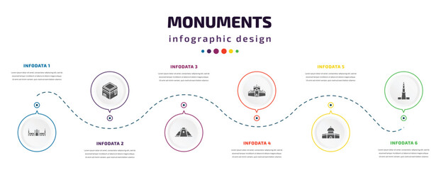 Fototapeta premium monuments infographic element with filled icons and 6 step or option. monuments icons such as id kah mosque, kaaba building, pyramid of the magician, thatbyinnyu temple, dome of the rock, qutb minar