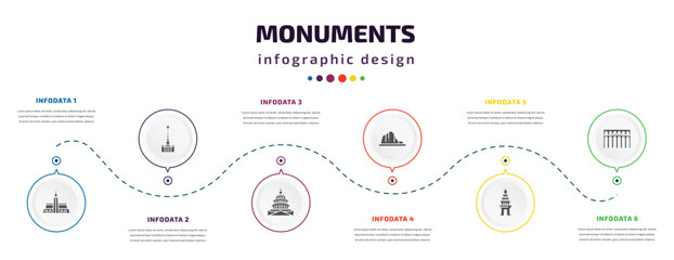 Fototapeta na wymiar monuments infographic element with filled icons and 6 step or option. monuments icons such as hassan mosque, cathedral, united states capitol, canyon, cambodia, segovia aqueduct vector. can be used