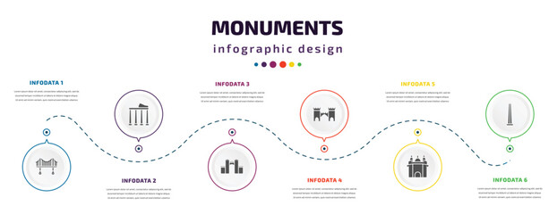 monuments infographic element with filled icons and 6 step or option. monuments icons such as vincent thomas bridge, temple of apollo, medieval walls in avila, medieval, amritsar, obelisk of bue