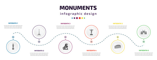 monuments infographic element with filled icons and 6 step or option. monuments icons such as the clock tower, national monument monas, imperial guardian lion, , pula arena, gat of india vector.