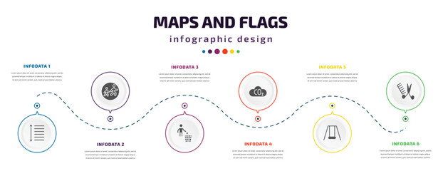 maps and flags infographic element with filled icons and 6 step or option. maps and flags icons such as spacing, school zone, throw to the bin, co2, swings, women hairstylist vector. can be used for