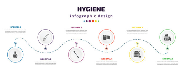 hygiene infographic element with filled icons and 6 step or option. hygiene icons such as varnish, toilet brush, cotton swab, paper towel, appointment book, body cream vector. can be used for - obrazy, fototapety, plakaty