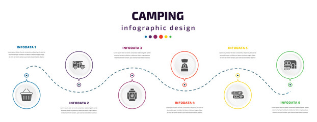 camping infographic element with filled icons and 6 step or option. camping icons such as basket, camper van, lamp, toilet, firewood, caravan vector. can be used for banner, info graph, web. - obrazy, fototapety, plakaty