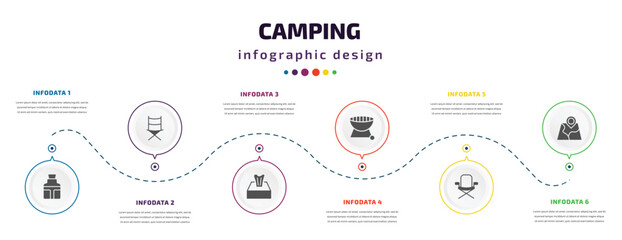 Fototapeta na wymiar camping infographic element with filled icons and 6 step or option. camping icons such as flask, folding chair, tissue, grill, chair, map vector. can be used for banner, info graph, web.