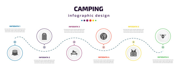 Fototapeta na wymiar camping infographic element with filled icons and 6 step or option. camping icons such as stump, sleeping bag, camp table, canteen, fishing vest, hunting trophy vector. can be used for banner, info