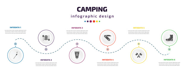 Fototapeta na wymiar camping infographic element with filled icons and 6 step or option. camping icons such as matches, inflatable boat, sun lotion, pocket knife, axes, boot vector. can be used for banner, info graph,