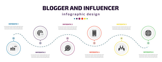 Fototapeta na wymiar blogger and influencer infographic element with filled icons and 6 step or option. blogger and influencer icons such as vlogger, shopping online, like, mobile, fire, film reel vector. can be used