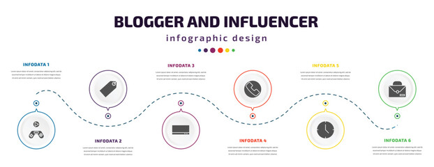 blogger and influencer infographic element with filled icons and 6 step or option. blogger and influencer icons such as gameplay, label, tv, phone, clock, work vector. can be used for banner, info