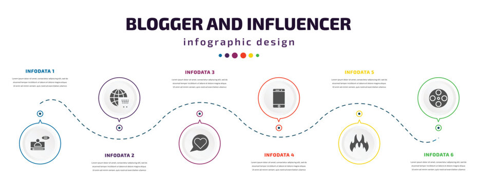 blogger and influencer infographic element with filled icons and 6 step or option. blogger and influencer icons such as vlogger, shopping online, like, mobile, fire, film reel vector. can be used