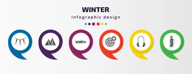 winter infographic element with filled icons and 6 step or option. winter icons such as lights, snowy mountain, logs, winter tire, earmuffs, themos flask vector. can be used for banner, info graph,