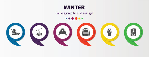 winter infographic element with filled icons and 6 step or option. winter icons such as snow boot, ski lift, fur coat, anorak vest, coat, christmas card vector. can be used for banner, info graph,