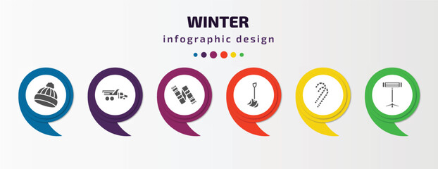 winter infographic element with filled icons and 6 step or option. winter icons such as winter cap, snowplow, scarf, shovel, candy cane, electric heater vector. can be used for banner, info graph,