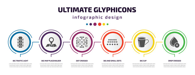 ultimate glyphicons infographic element with filled icons and 6 step or option. ultimate glyphicons icons such as big traffic light, big map placeholder, dot crossed, big and small dots, cup, drop