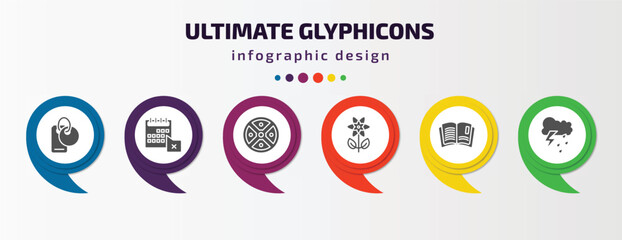 ultimate glyphicons infographic element with filled icons and 6 step or option. ultimate glyphicons icons such as clothes label, calendar with letter x, circle menu, flower with leaves, reading,