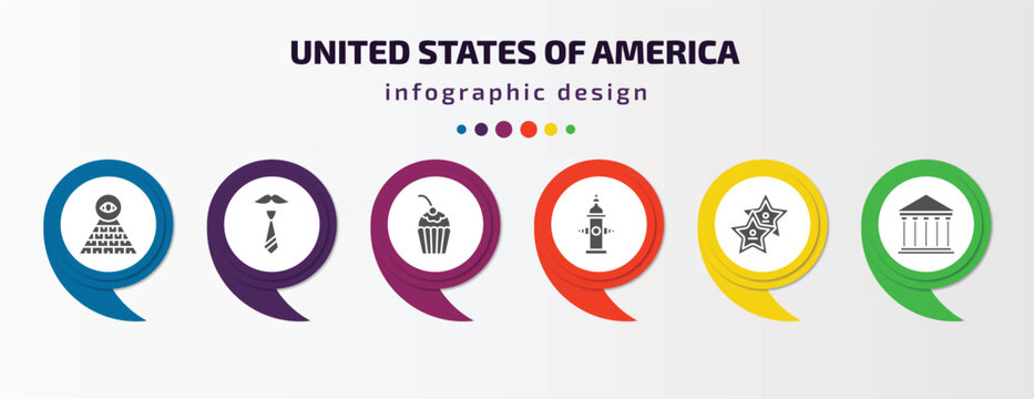 united states of america infographic element with filled icons and 6 step or option. united states of america icons such as pyramid, father's day, bake, fire hydrant, walk of fame, government