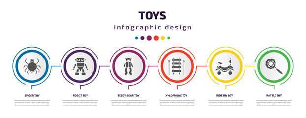 toys infographic element with filled icons and 6 step or option. toys icons such as spider toy, robot toy, teddy bear toy, xylophone ride on rattle vector. can be used for banner, info graph, web.