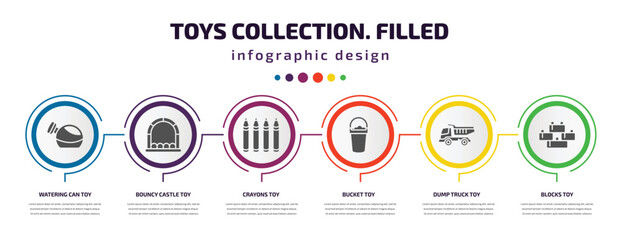 toys collection. filled infographic element with filled icons and 6 step or option. toys collection. filled icons such as watering can toy, bouncy castle toy, crayons toy, bucket dump truck blocks