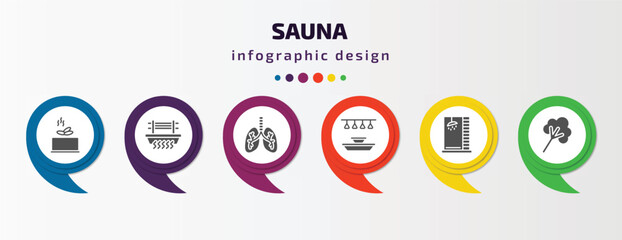 sauna infographic element with filled icons and 6 step or option. sauna icons such as earth sauna, brine cabin, respiration, light stimulation, luxury shower, steam jet vector. can be used for