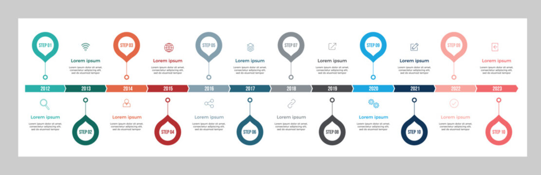 Timeline business infographic template with 12 options. Colorful diagram, vector abstract element timeline infographics.