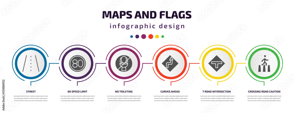 Poster maps and flags infographic element with filled icons and 6 step or option. maps and flags icons such