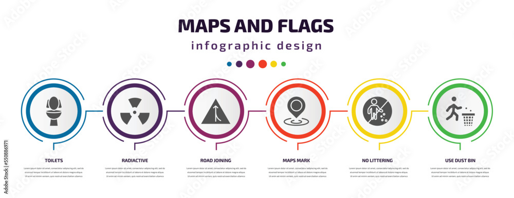 Poster maps and flags infographic element with filled icons and 6 step or option. maps and flags icons such