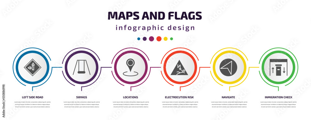 Poster maps and flags infographic element with filled icons and 6 step or option. maps and flags icons such