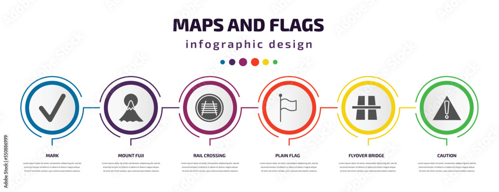 Poster maps and flags infographic element with filled icons and 6 step or option. maps and flags icons such