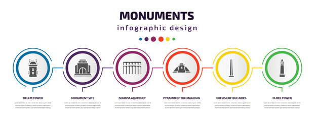 monuments infographic element with filled icons and 6 step or option. monuments icons such as belem tower, monument site, segovia aqueduct, pyramid of the magician, obelisk of bue aires, clock tower - obrazy, fototapety, plakaty